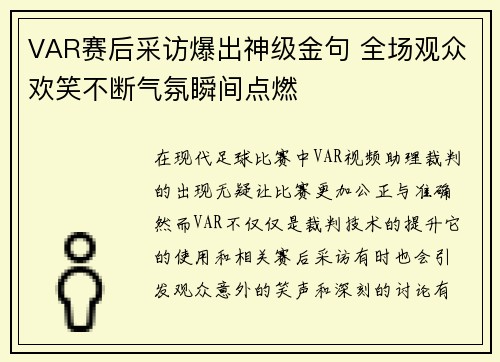 VAR赛后采访爆出神级金句 全场观众欢笑不断气氛瞬间点燃 VAR赛后采访爆出神级金句 全场观众欢笑不断气氛瞬间点燃